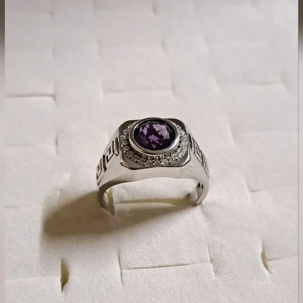 Amethyst & White Zircon Men's Ring Platinum Over Sterling Silver